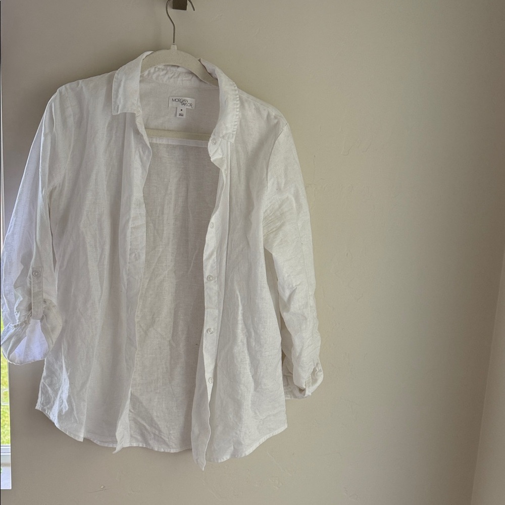 Morgan Taylor White Button Down Shirt Linen Cotton Blend M